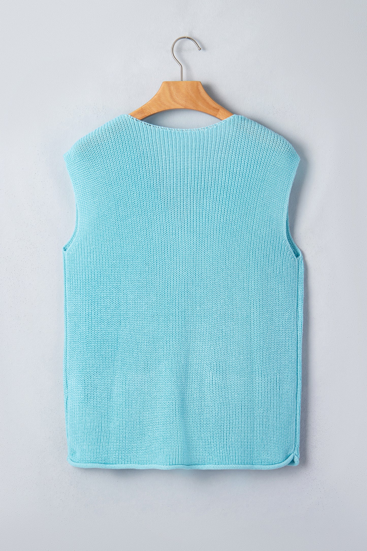 Mist Blue Solid Color Knit V Neck Button Front Sweater Vest