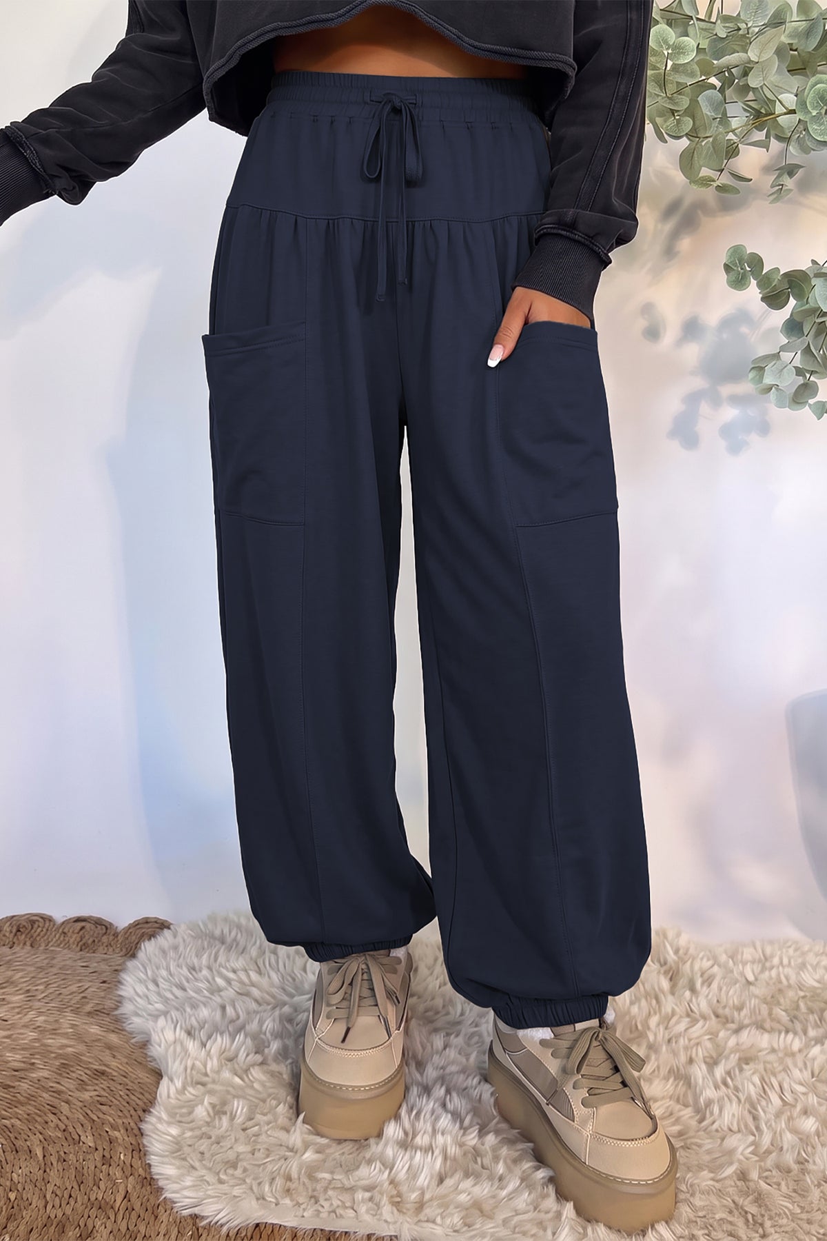 Seagrass Elastic Waist Drawstring Wide Leg Full Length Pants